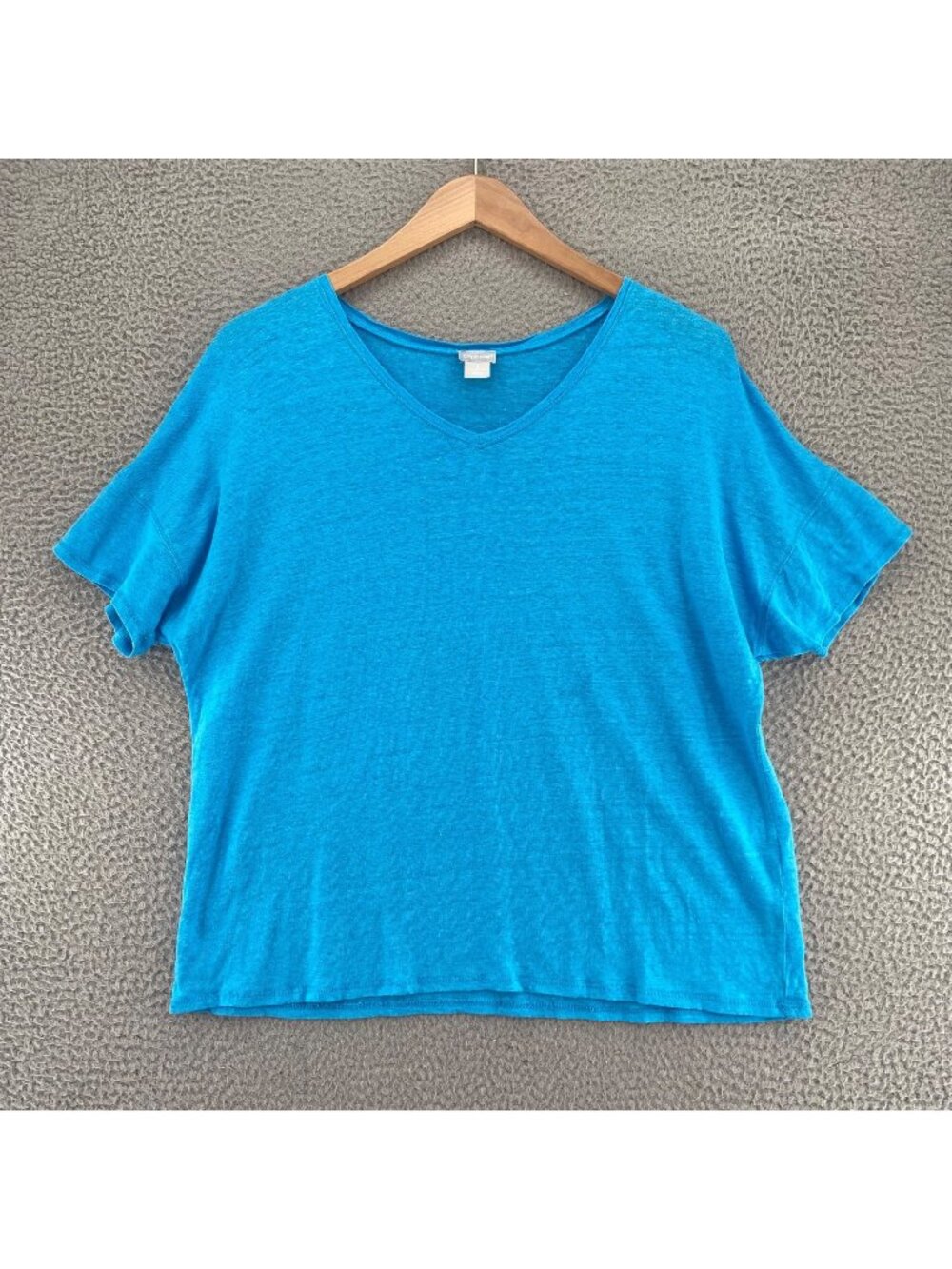 Chicos Top Womens 3 US Extra Large Blue Linen Knit Dolman Short Sleeves Cropped